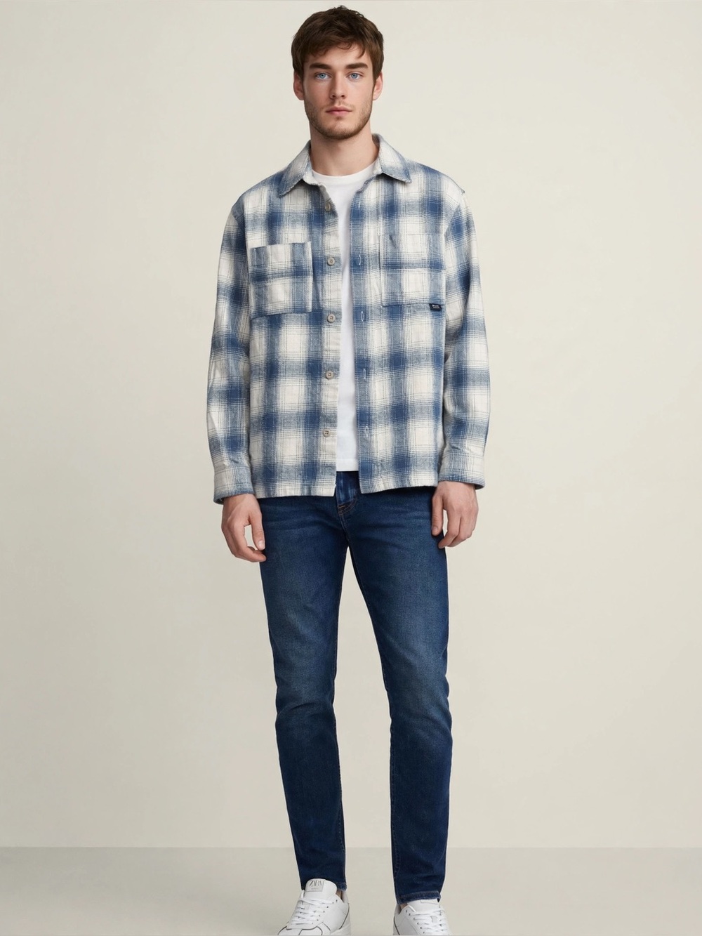 Zara blue and white flannel shirt.